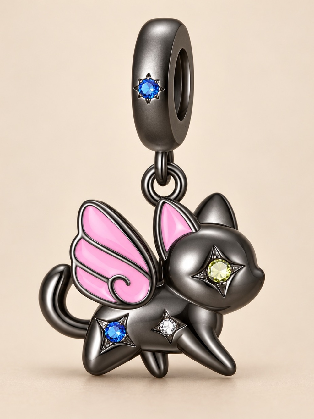 Sterling silver Black Cat Winged Charm Pendant with Pink Accents